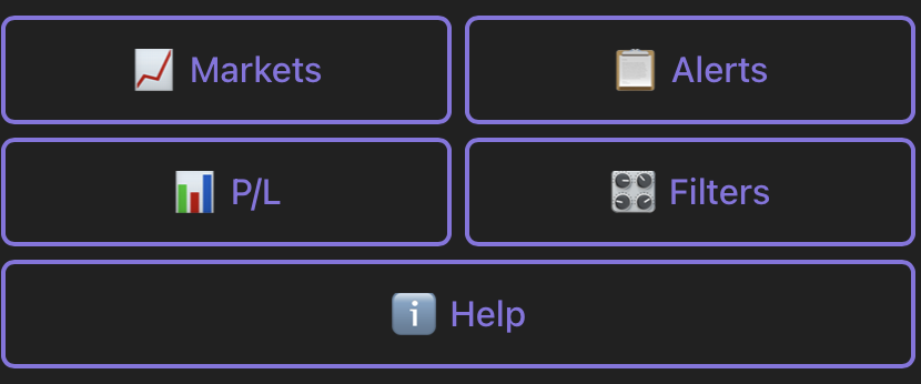 MarketMare Pro Telegram menu with Markets, Alerts, P/L, Filters and Help buttons
